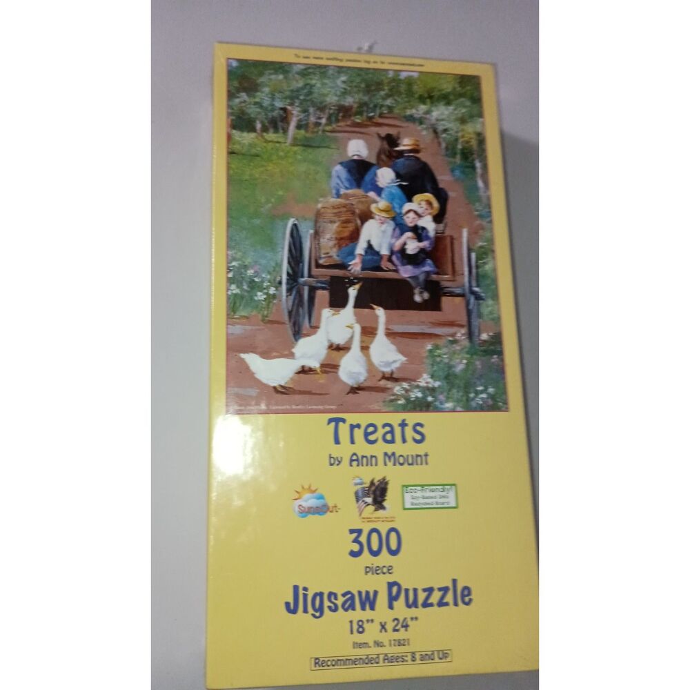 Jigsaw Puzzle: Treats by Anna Mount - Kids on Wagon feeding Ducks (300 Pieces)